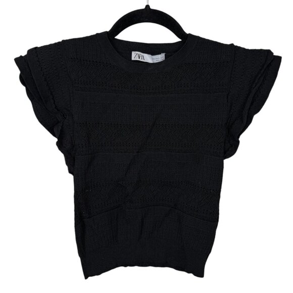 Zara Sweaters - ZARA Black Stretchy Laser Cut Cropped Ruffled Short Sleeve Tee - Small